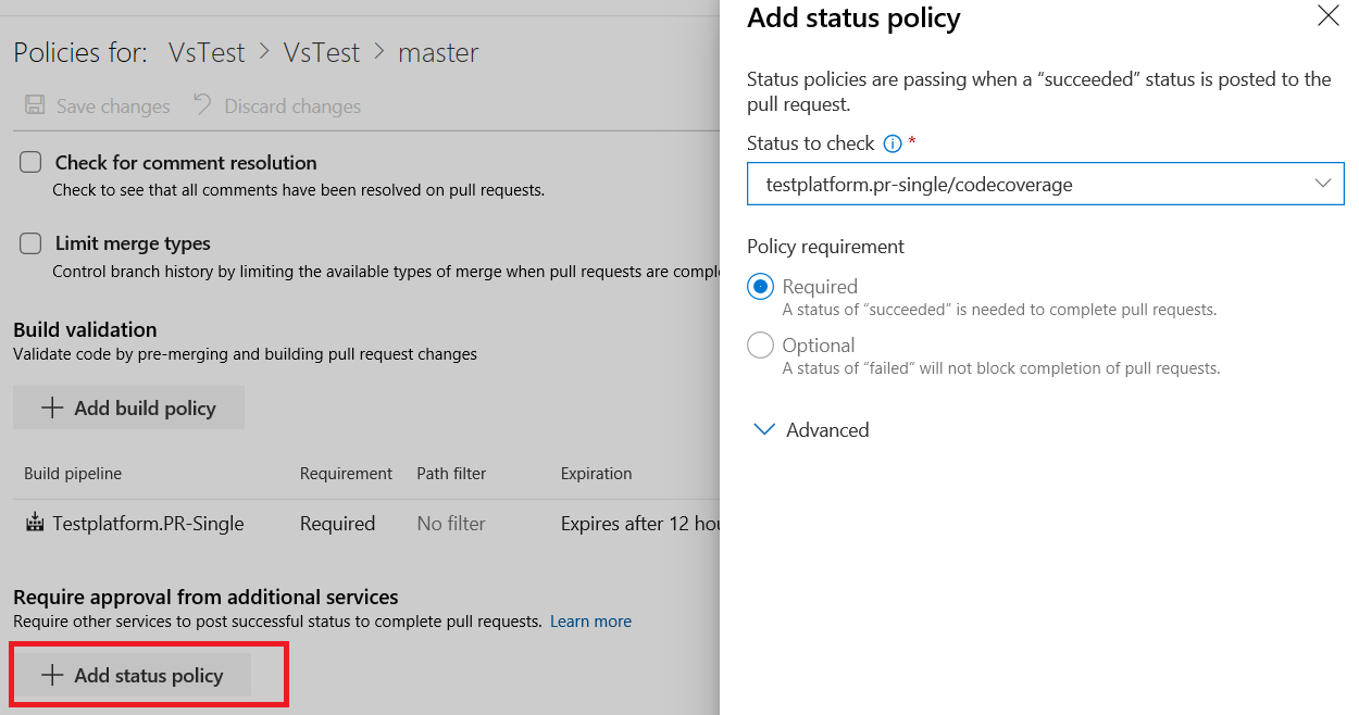 Capture d’écran de l’option Ajouter status stratégie mise en évidence et de la section Ajouter status stratégie qui s’affiche lorsque vous sélectionnez l’option.