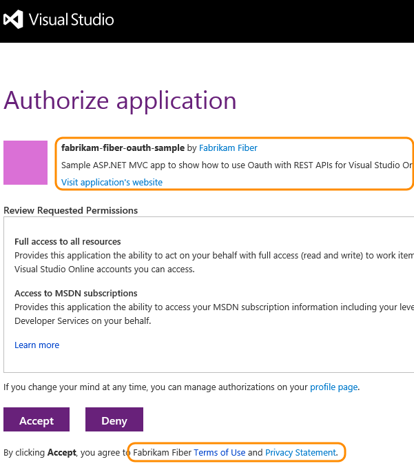 Capture d’écran des boutons Accepter ou Refuser pour l’autorisation de l’application.