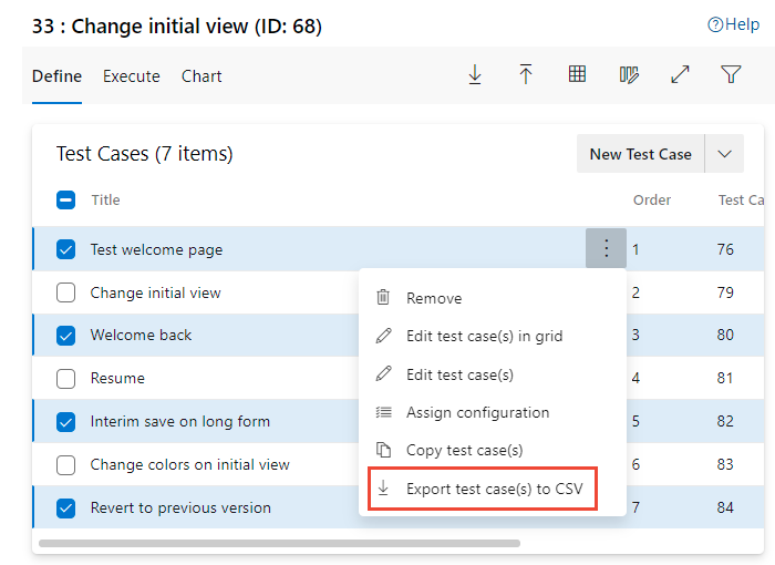 Capture d’écran des cas de test sélectionnés, Exporter des cas de test au format CSV.