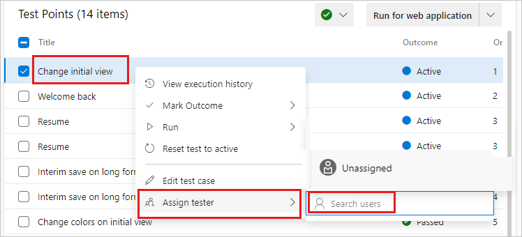 Capture d’écran montrant le menu contextuel d’un cas de test avec l’option Affecter le testeur sélectionnée.