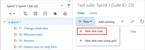 Capture d’écran montrant la suite de tests pour un élément de backlog et l’ajout d’un nouveau cas de test.