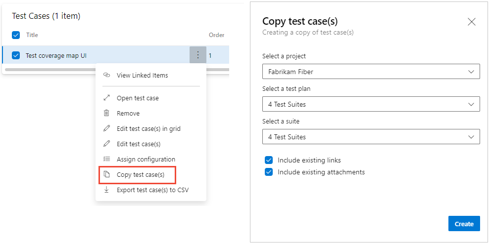 Définir l’option de menu et la boîte de dialogue de menu Copier des cas de test de tabulation.