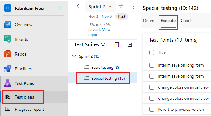 Capture d’écran montrant une suite de tests sélectionnée avec l’onglet Exécuter sélectionné