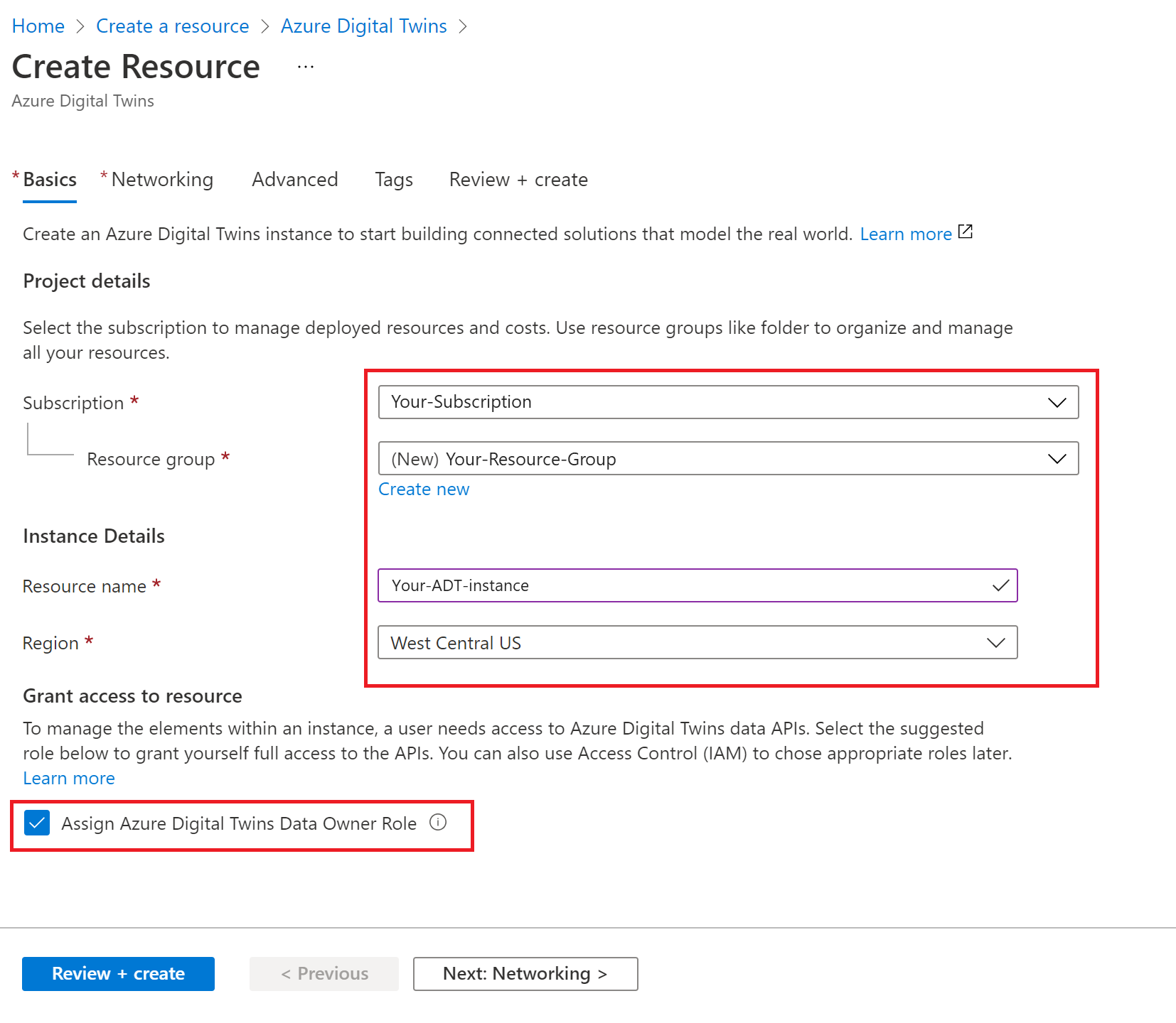 Capture d’écran du processus de création de ressources pour Azure Digital Twins dans le portail Azure. Les valeurs décrites sont renseignées.