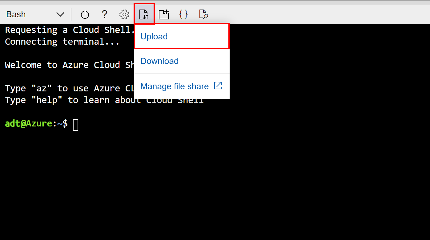 Capture d’écran d’Azure Cloud Shell avec mise en évidence la méthode de chargement des fichiers.