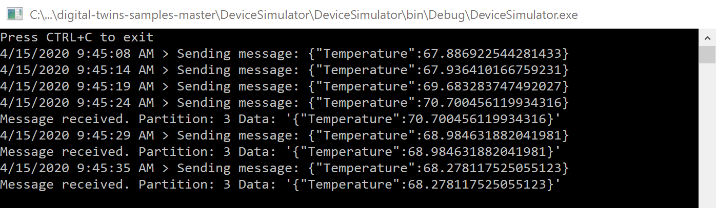 Capture d’écran de la sortie de la console du simulateur d’appareil montrant les données de télémétrie de température envoyées.