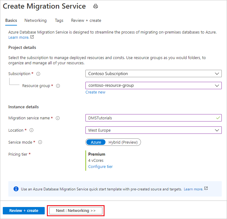 Capture d’écran de la configuration des paramètres d’instance de base d’Azure Database Migration Service.