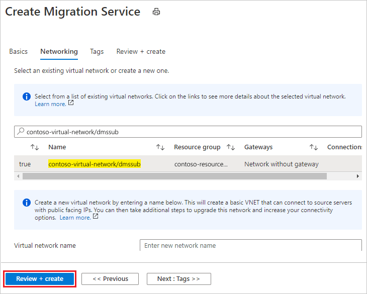 Capture d’écran de la configuration des paramètres réseau pour l’instance Azure Database Migration Service.