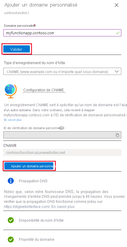 Capture d’écran de la page Ajouter un domaine personnalisé pour l’application de fonction.