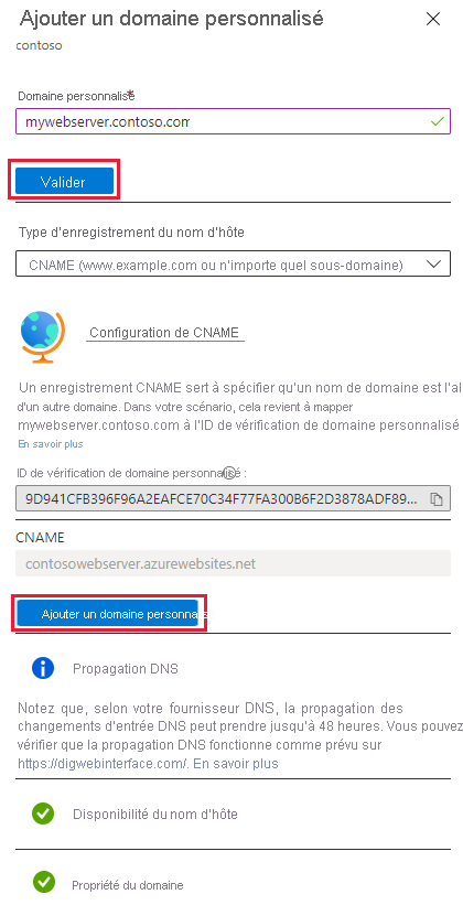 Capture d’écran de la page Ajouter un domaine personnalisé pour l’application web.