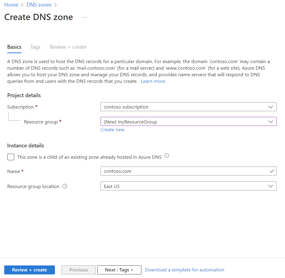 Capture d’écran de la page Créer une zone DNS montrant les paramètres utilisés dans ce tutoriel pour créer une zone DNS parente.