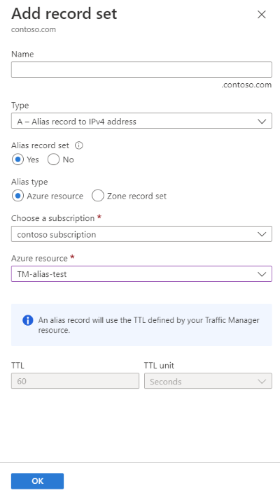 Capture d’écran de l’ajout d’un enregistrement d’alias pour faire référence au profil Traffic Manager.