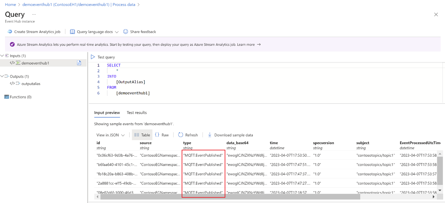 Capture d’écran montrant les données des messages MQTT dans Event Hubs à l’aide de l’outil de requête Stream Analytics.