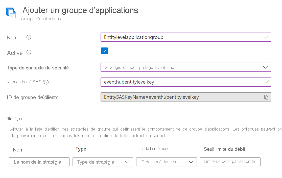 Capture d’écran de la page Ajouter un groupe d’applications avec l’option Stratégie d’accès partagé du hub d’événements sélectionnée.