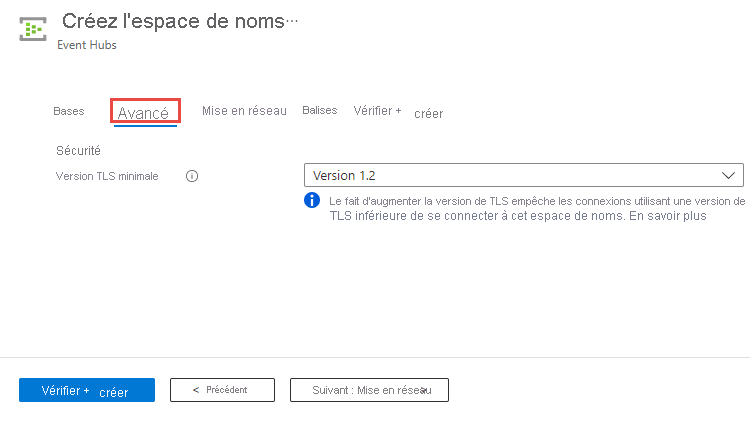 Capture d’écran montrant la page permettant de définir la version TLS minimale lors de la création d’un espace de noms.