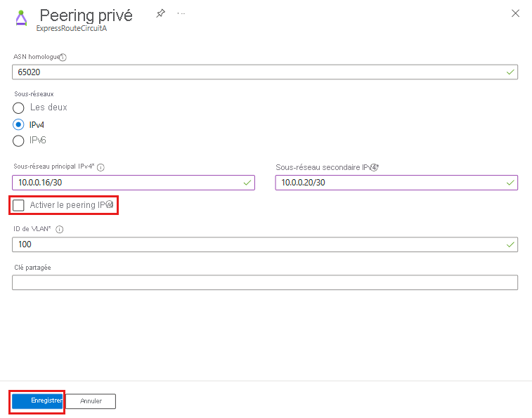 Capture d’écran de la page de paramètres de peering privé pour un circuit ExpressRoute.