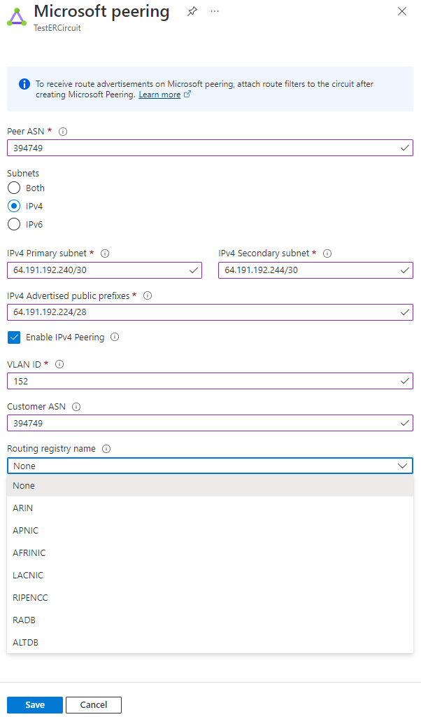 Capture d’écran montrant comment mettre à jour la configuration du peering Microsoft.