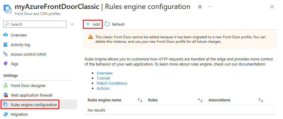 Capture d’écran de la configuration du moteur de règles depuis la page de présentation de Front Door.