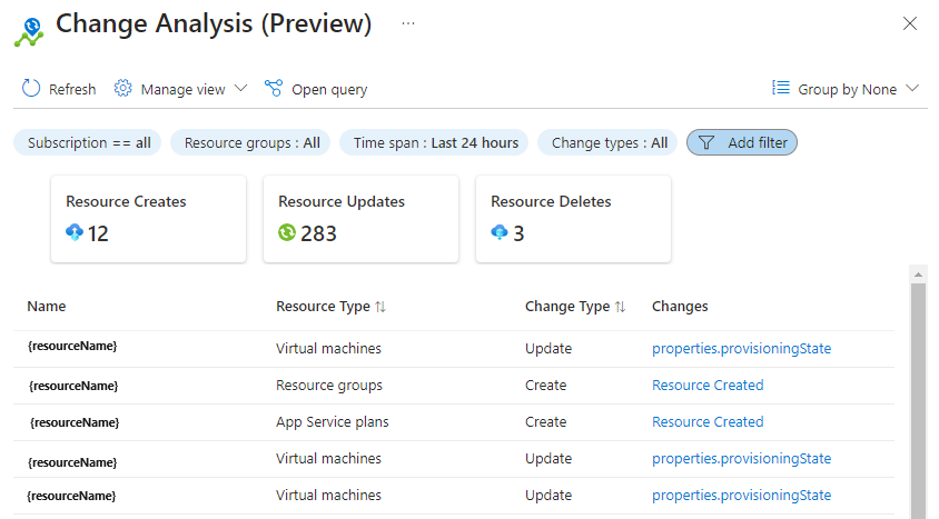 Capture d’écran des ressources dans Analyse des changements Azure Resource Graph.