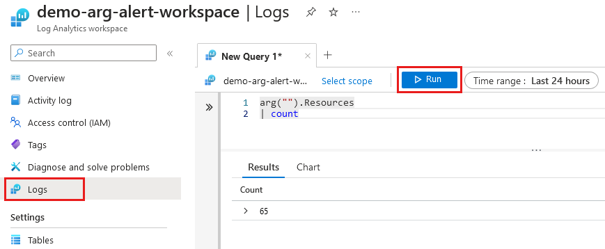 Capture d’écran de l’espace de travail Log Analytics avec une requête de la table Ressources qui met en évidence les journaux et le bouton Exécuter.