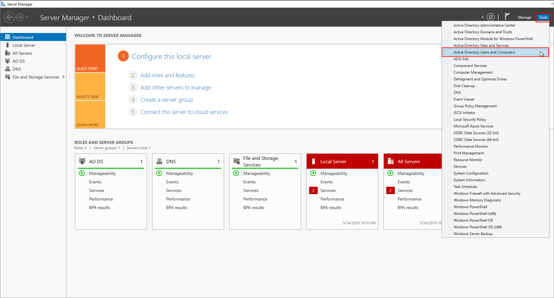 Dans le tableau de bord Gestionnaire de serveur, ouvrez Gestion Active Directory.