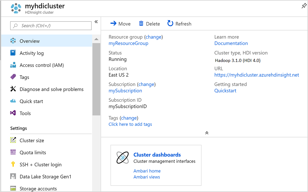 Capture montrant la prise en main de HDInsight Linux avec les paramètres du cluster.