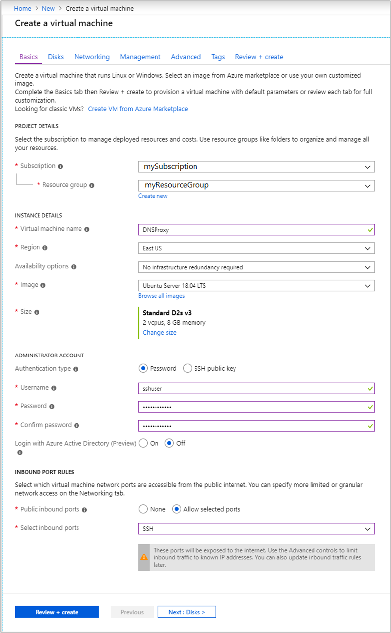 Configuration de base de machine virtuelle.