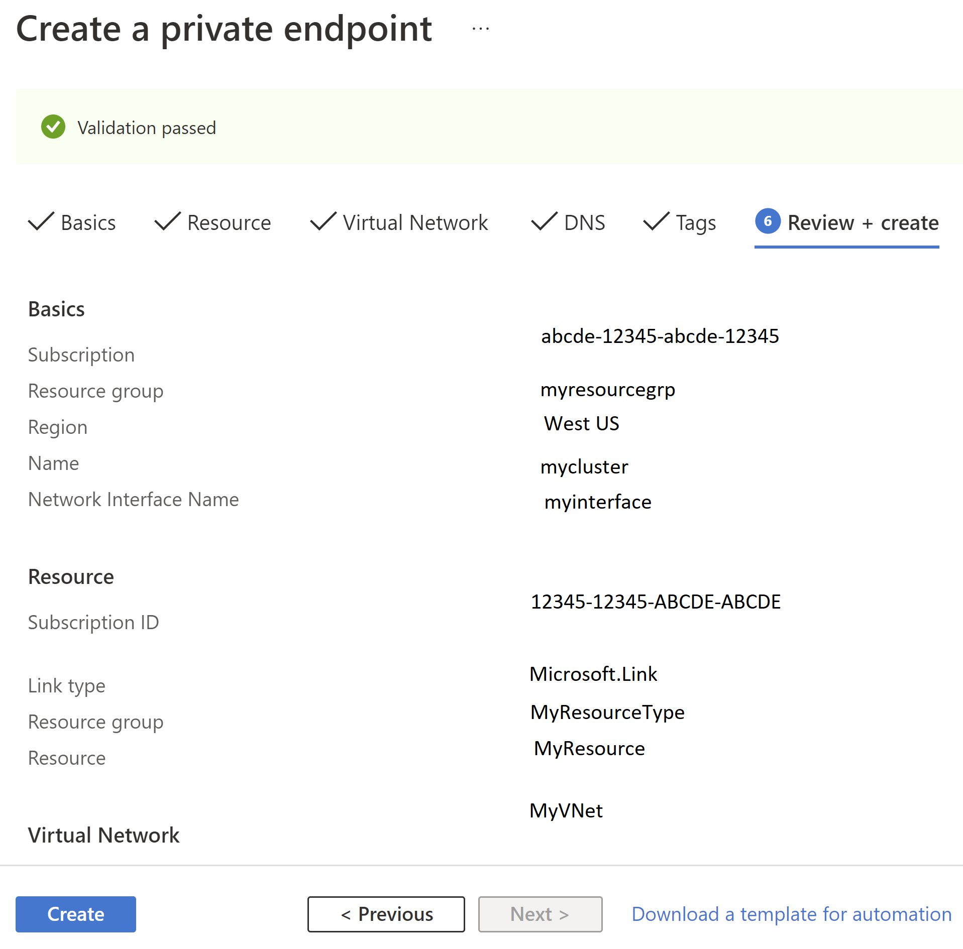 Diagramme de l’onglet d’évaluation Private Link.