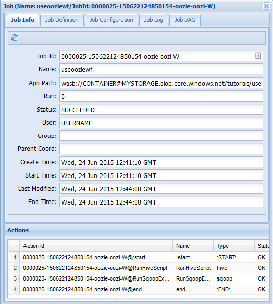 HDInsight Apache Oozie job info.