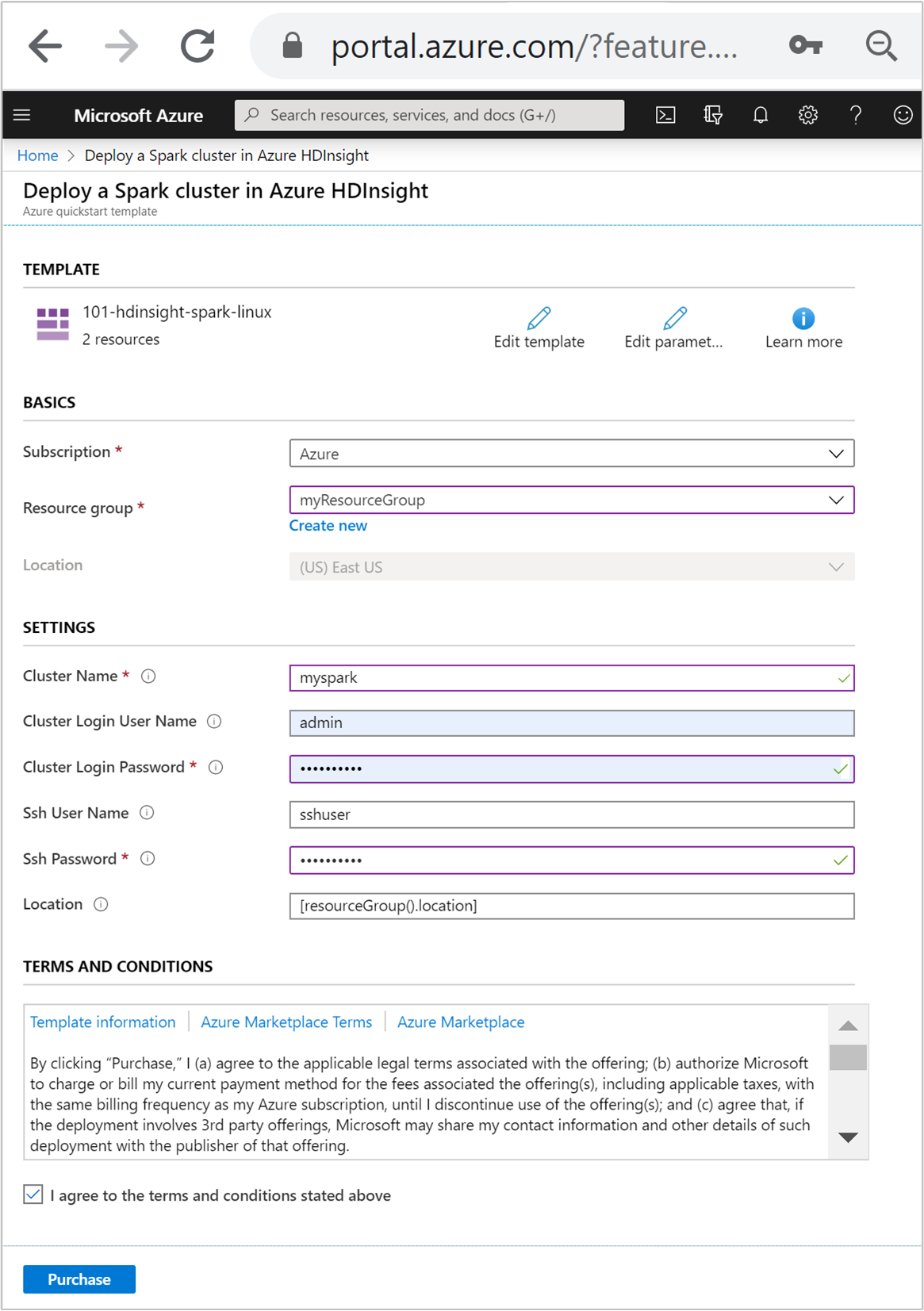 Créez un cluster Spark dans HDInsight à l’aide d’un modèle Azure Resource Manager.