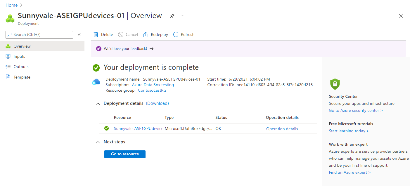 Capture d’écran montrant une ressource de gestion terminée dans Azure Stack Edge.