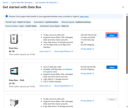 Capture d’écran montrant la page de sélection d’un produit Azure Data Box. Le bouton Sélectionner de Data Box est mis en évidence.