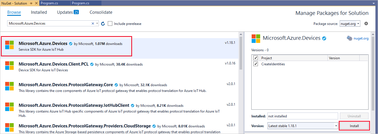 Installer la version actuelle du kit SDK du service .NET Azure IoT Hub