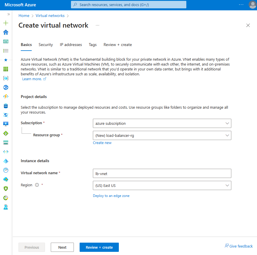 Capture d’écran de l’onglet De base de la page Créer un réseau virtuel dans le Portail Azure.