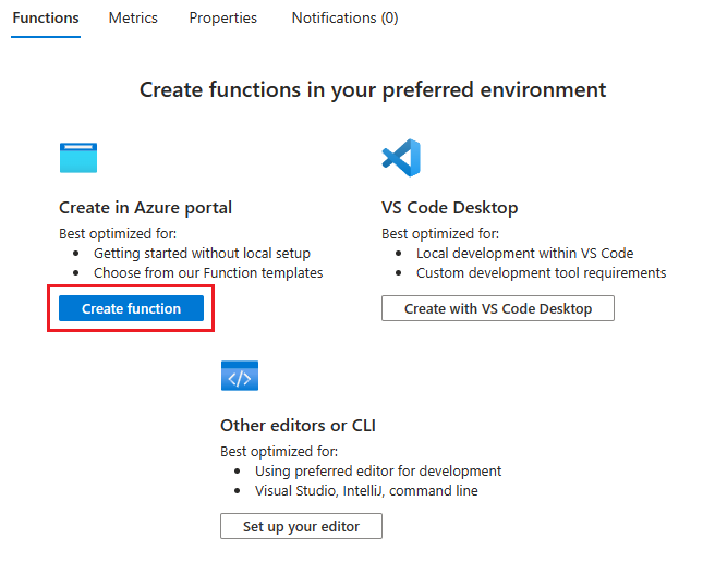 Capture d’écran montrant la sélection de l’option permettant pour créer une fonction dans le portail Azure.