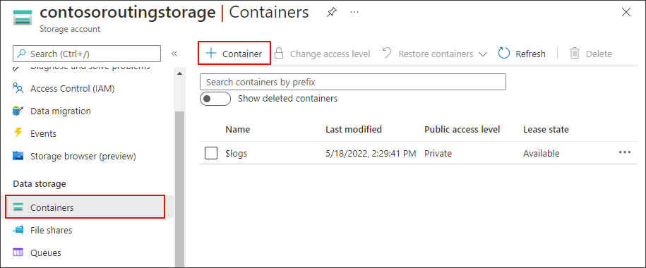 Capture d’écran montrant la création d’un conteneur de stockage