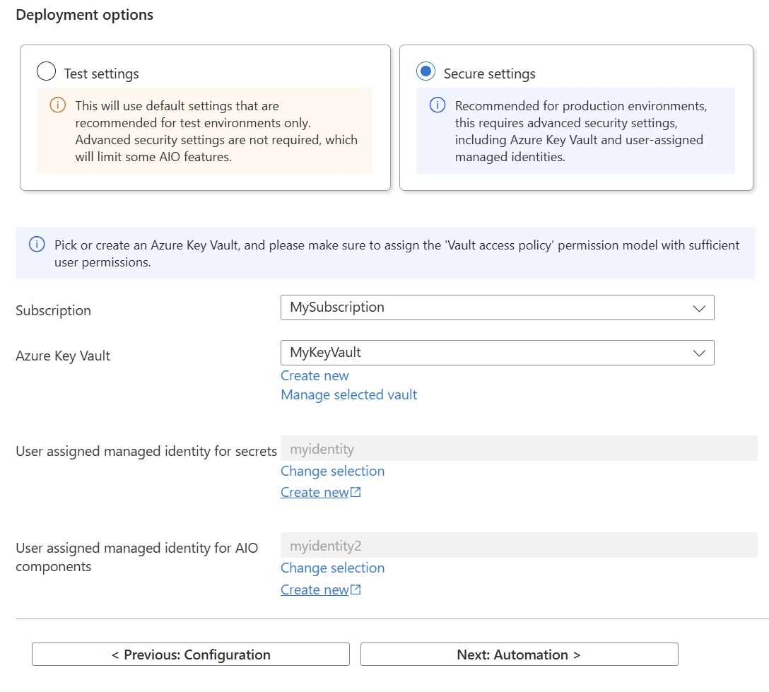 Capture d’écran montrant la configuration des paramètres sécurisés sous le troisième onglet du déploiement d’Opérations Azure IoT à partir du portail.