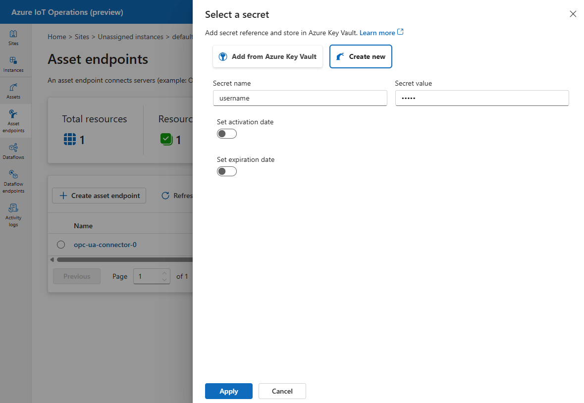 Capture d’écran montrant les options Ajouter à partir d’Azure Key Vault et Créer un nouveau lors de la sélection d’un secret dans l’expérience des opérations.