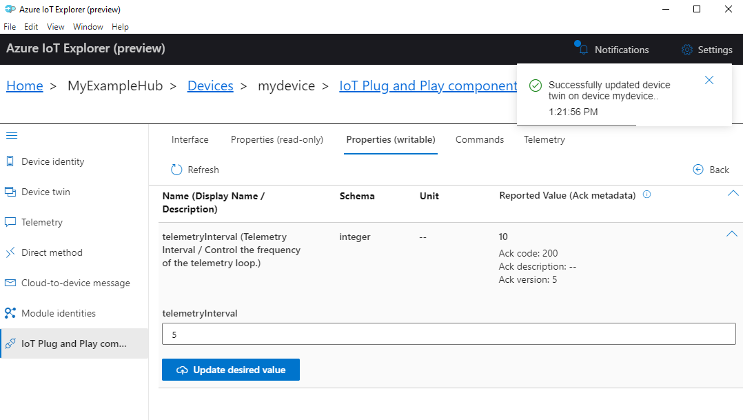 Capture d’écran de la définition de l’intervalle de télémétrie sur le DevKit MXCHIP dans IoT Explorer