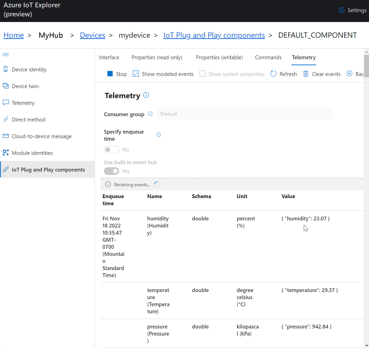 Capture d’écran d’événements de télémétrie modélisés dans IoT Explorer.