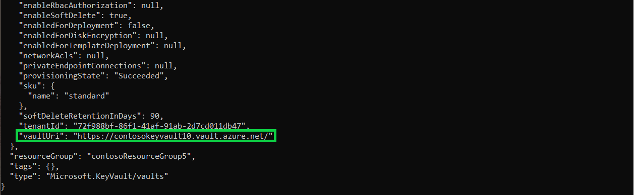 Sortie console de la commande ci-dessus. Les éléments ID et vaultUri sont tous deux mis en évidence en vert pour l’utilisateur.