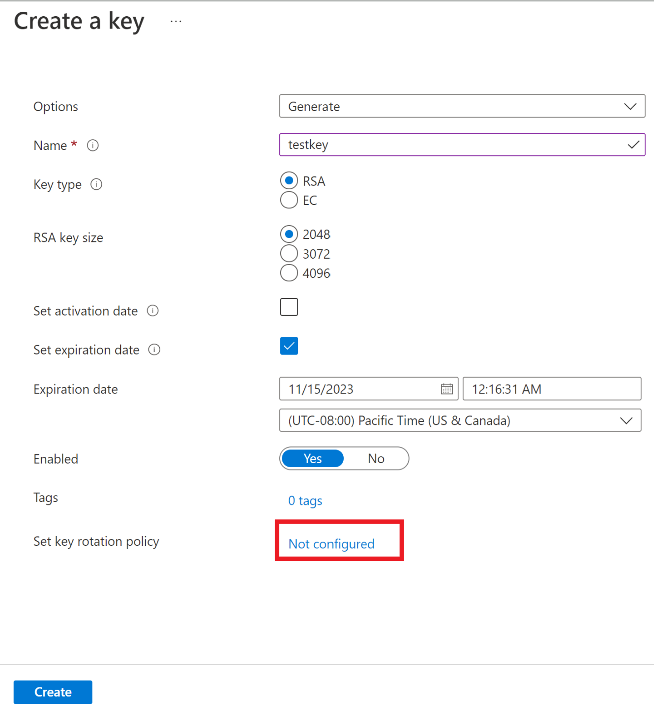 Configurer la rotation pendant la création des clés