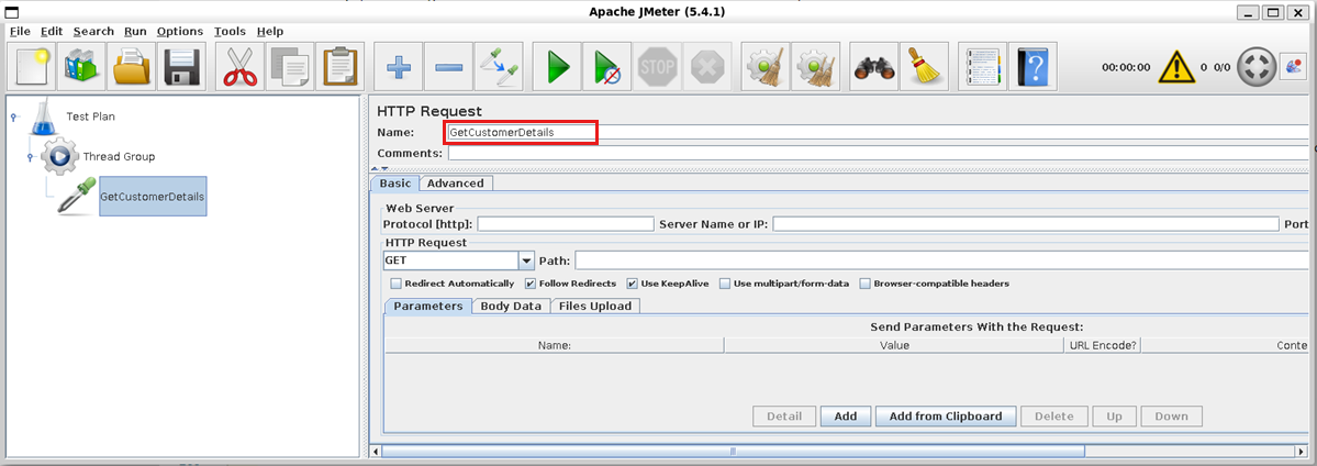 Capture d’écran de l’interface utilisateur JMeter, mettant en évidence le nom de la demande.