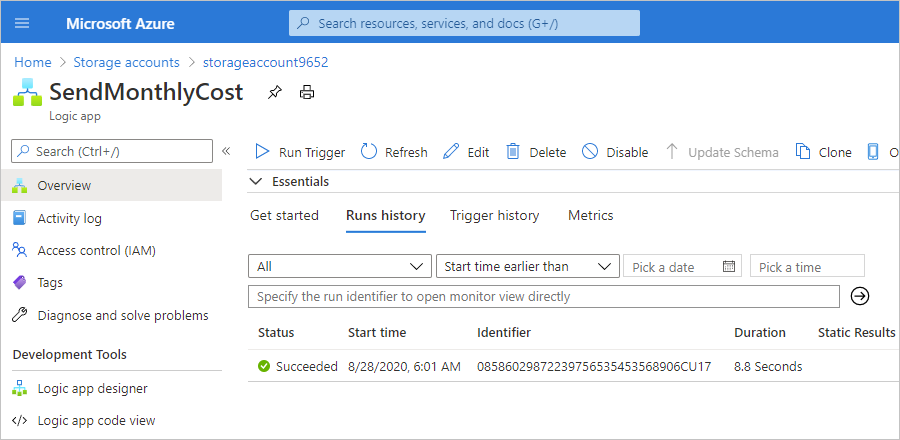 Capture d’écran montrant la tâche dans la vue Azure Logic Apps, avec le volet Vue d’ensemble sélectionné.