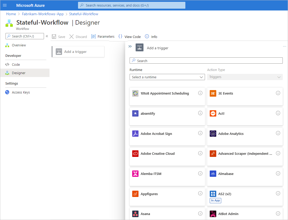 Capture d’écran du concepteur de workflow avec un workflow vide.