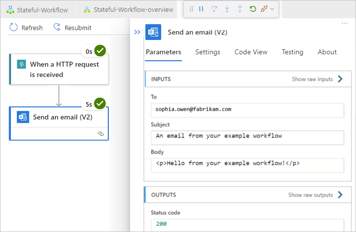 Capture d’écran de l’état de chaque étape du workflow, ainsi que les entrées et sorties de l’action développée, Envoyer un e-mail.