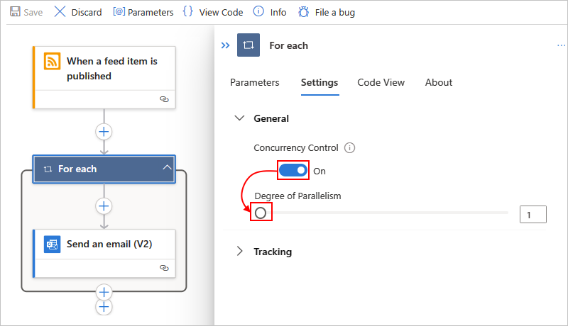 Capture d’écran représentant le workflow « Standard », l’action nommée « Pour chaque », le paramètre « Contrôle d’accès concurrentiel » activé et le curseur « Degré de parallélisme » sur 1.