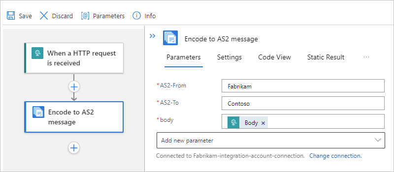 Capture d’écran montrant l’action « Coder en message AS2 » avec les propriétés d’encodage du message.