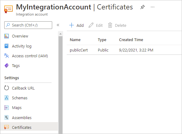 Capture d’écran montrant le Portail Azure et le compte d’intégration avec le certificat public dans la liste « Certificats ».