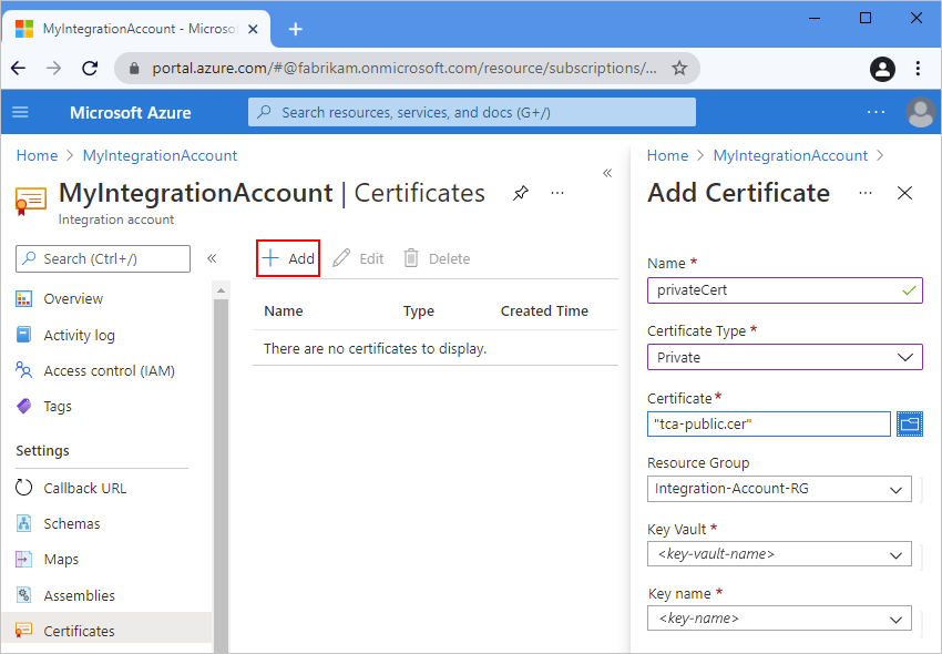 Capture d’écran montrant le Portail Azure et le compte d’intégration avec l’option « Ajouter » sélectionnée et le volet « Ajouter un certificat » avec les détails du certificat privé.